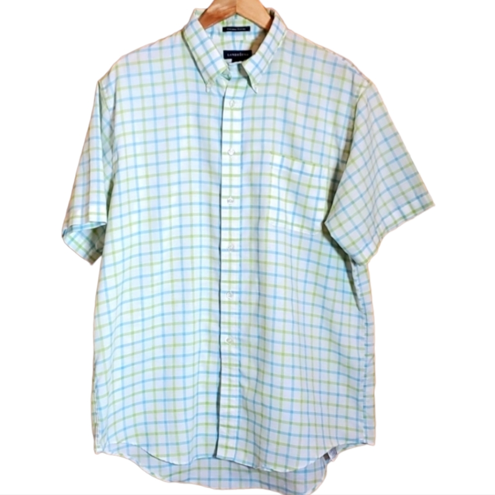 LANDS END 17 ORIGIONAL OXFORD SOFT GREEN & BLUE CHECK SHORTSLEEVE BUTTON DOWN